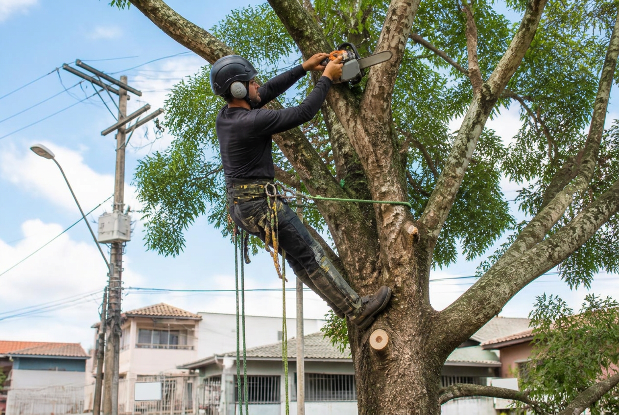 Corte de árvore com motosserra por equipe especializada em Poá