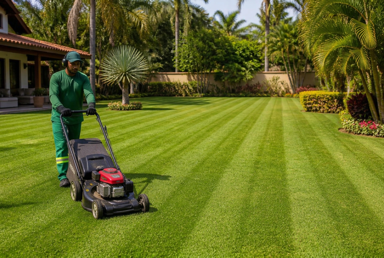 Corte de grama com cortador profissional em gramado residencial no Tremembé